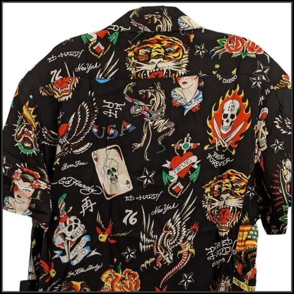 New ED HARDY AOP Black Flashboard Camp Button Up Shirt Skull Lion Tattoo Men M - Picture 9 of 9